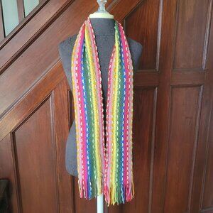 Colorful Hand-Knitted Scarf With Fringe Ends